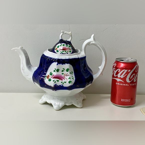 19th Century Antique Gaudy Welsh Feather Pattern Ring Finial Lidded Teapot - Picture 4 of 16